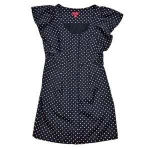 Elle Black Pink Polka Dot Ruffle Fit and Flare Dress Pockets Size XS